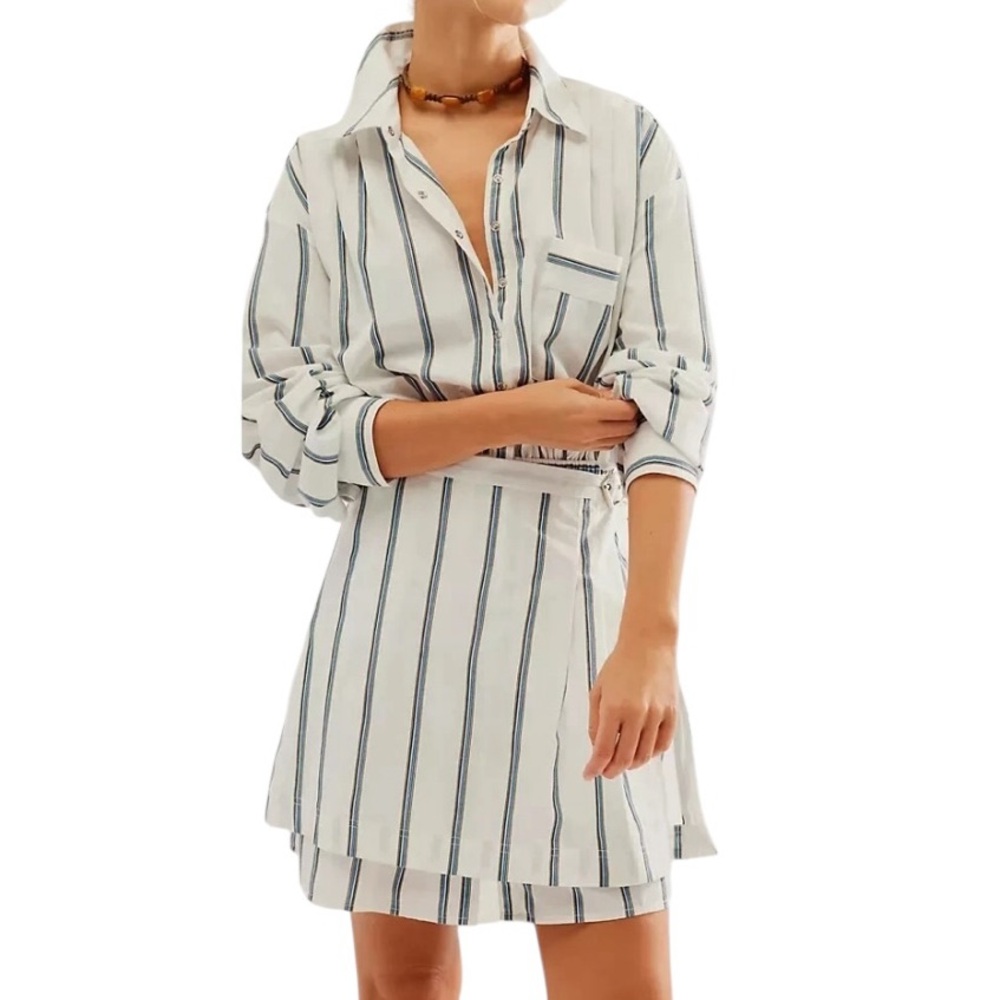 Free People High Vibrations White Striped Print Wrap Front Mini Shirt Dress - S